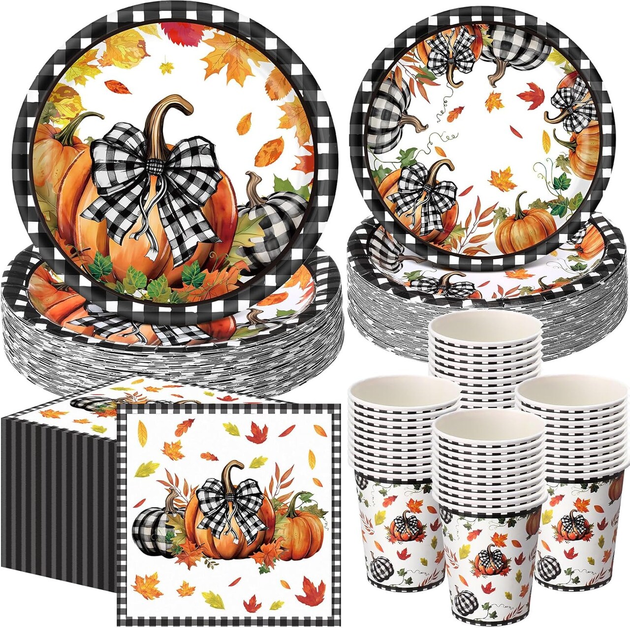 250 Pcs Pumpkin Thanksgiving Paper Plates and Napkins Party Supplies (Orange and Black)